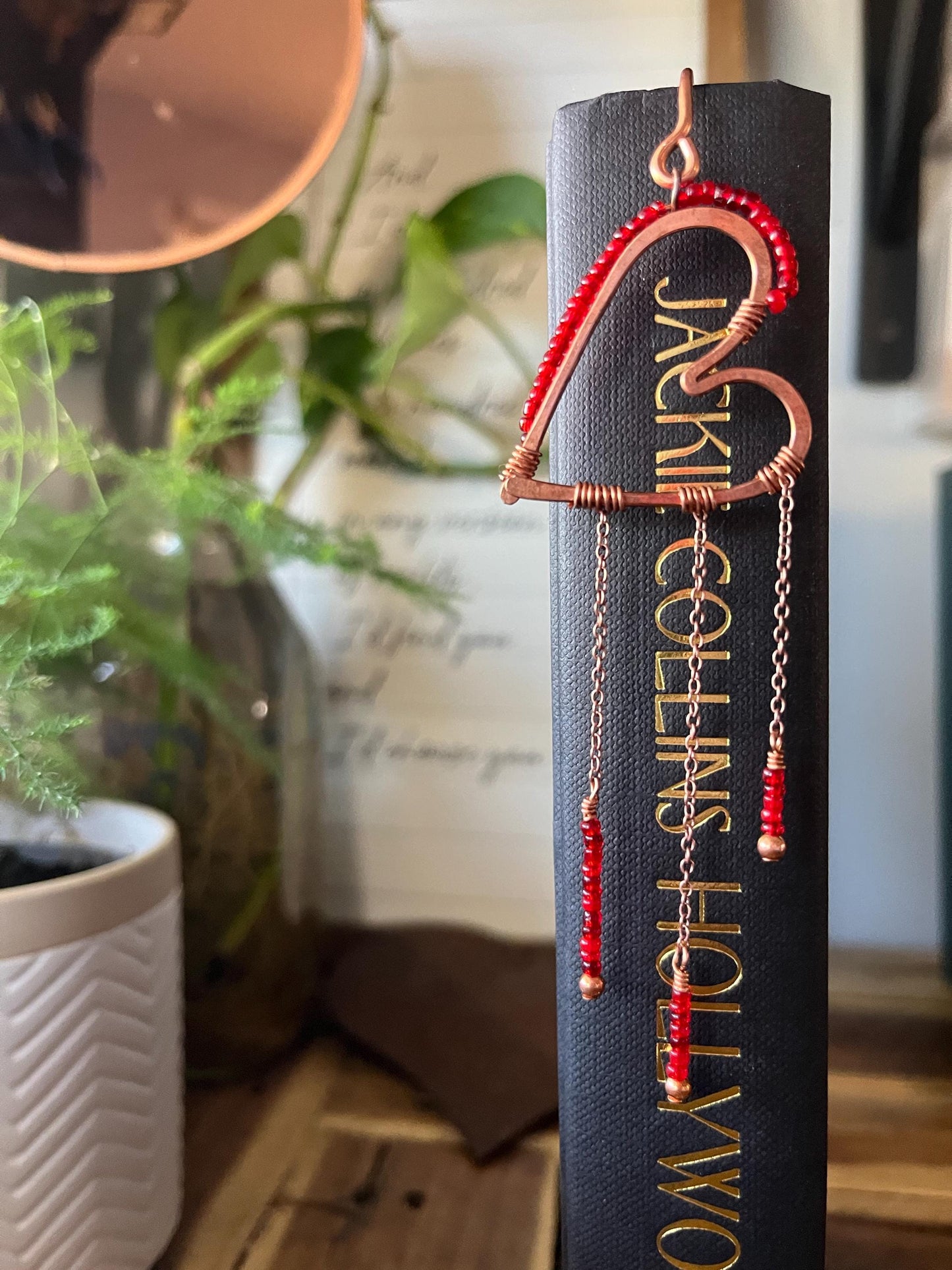 Red Bead Heart Book Mark Book Hook Handmade Copper Bookmark: Book Jewelry, Reader Bookish Gift, Book Club, 7 Year Anniversary Gift