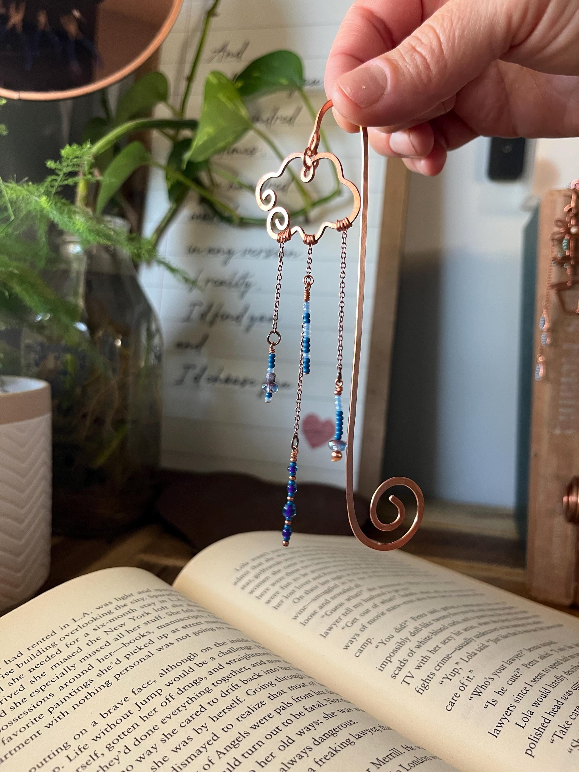 Rain Cloud Bead Book Mark Book Hook Handmade Copper Bookmark: Book Jewelry, Reader Bookish Gift, Book Club, 7 Year Anniversary Gift