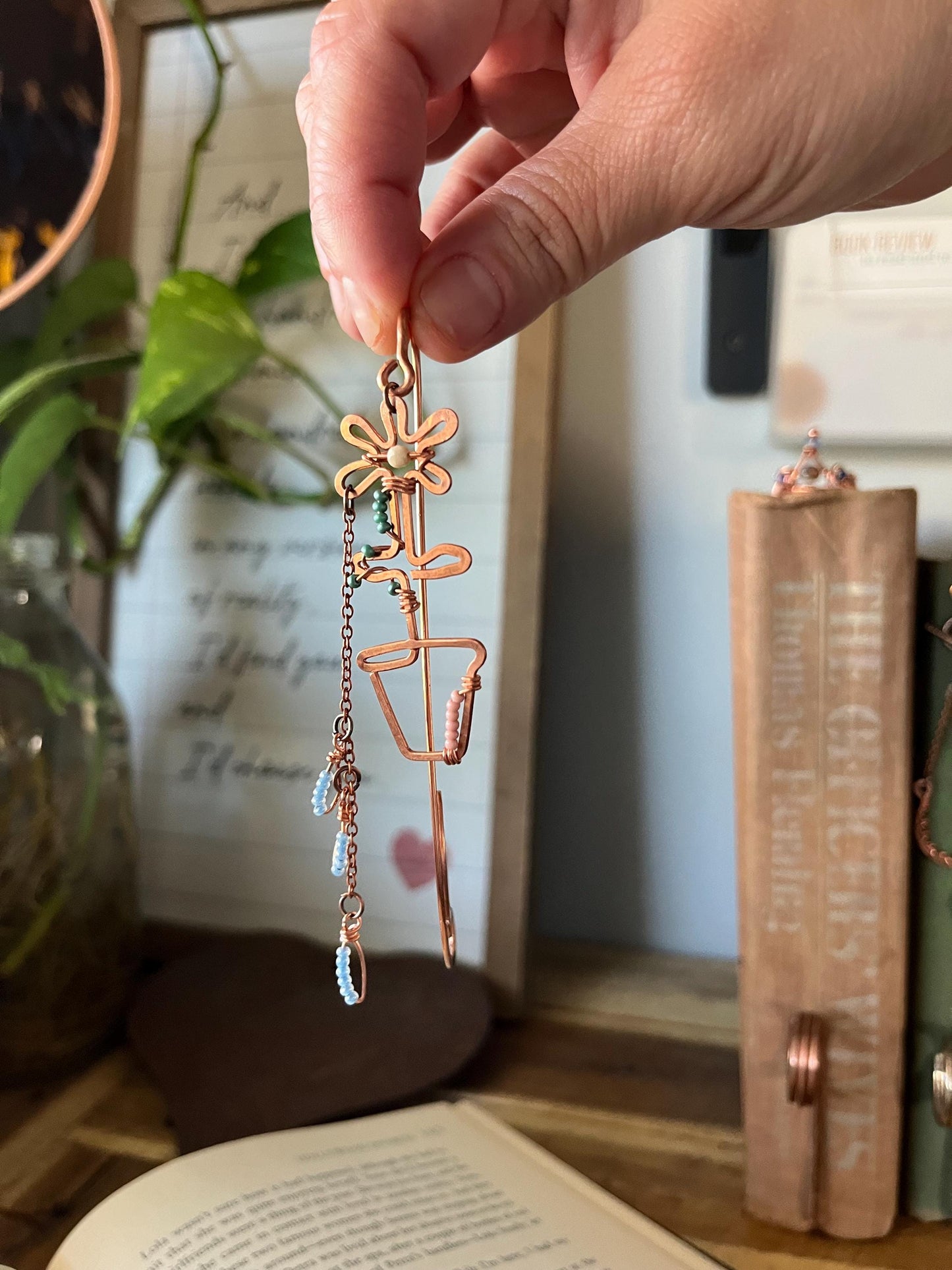 Flower Pot Book Mark Book Hook Handmade Copper Bookmark: Floral Book Jewelry, Reader Bookish Gift, Book Club, 7 Year Anniversary Gift