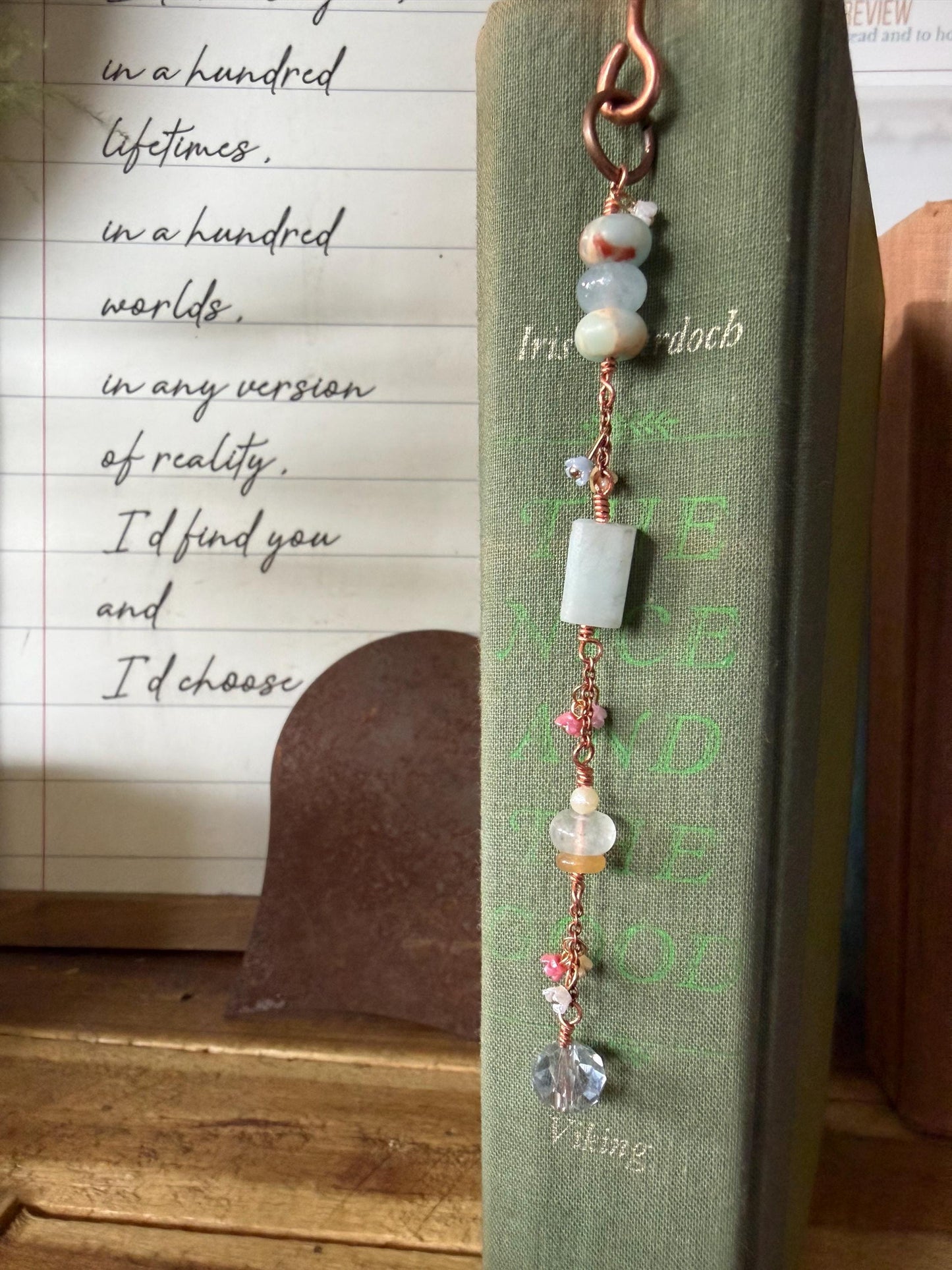 Flower Blues Bookmark: Handmade Copper Book Hook Bead Charms Florals Reader Bookish Gift for Women