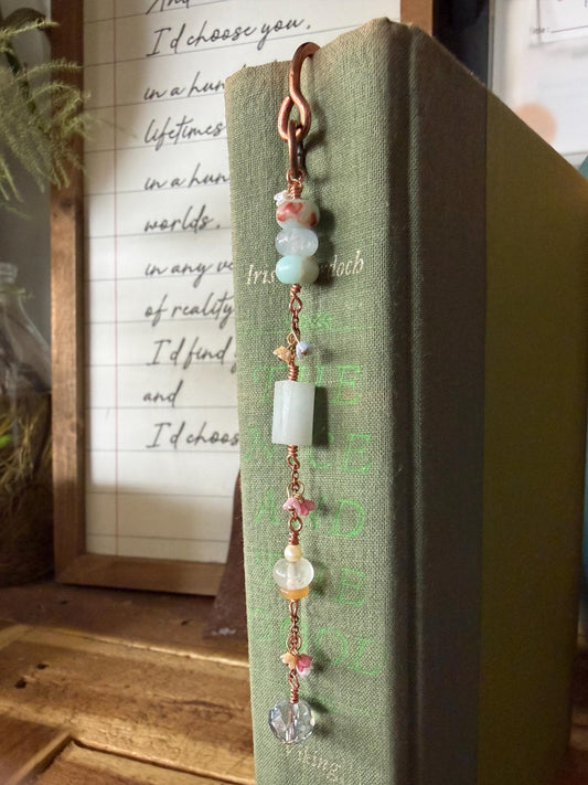 Flower Blues Bookmark: Handmade Copper Book Hook Bead Charms Florals Reader Bookish Gift for Women