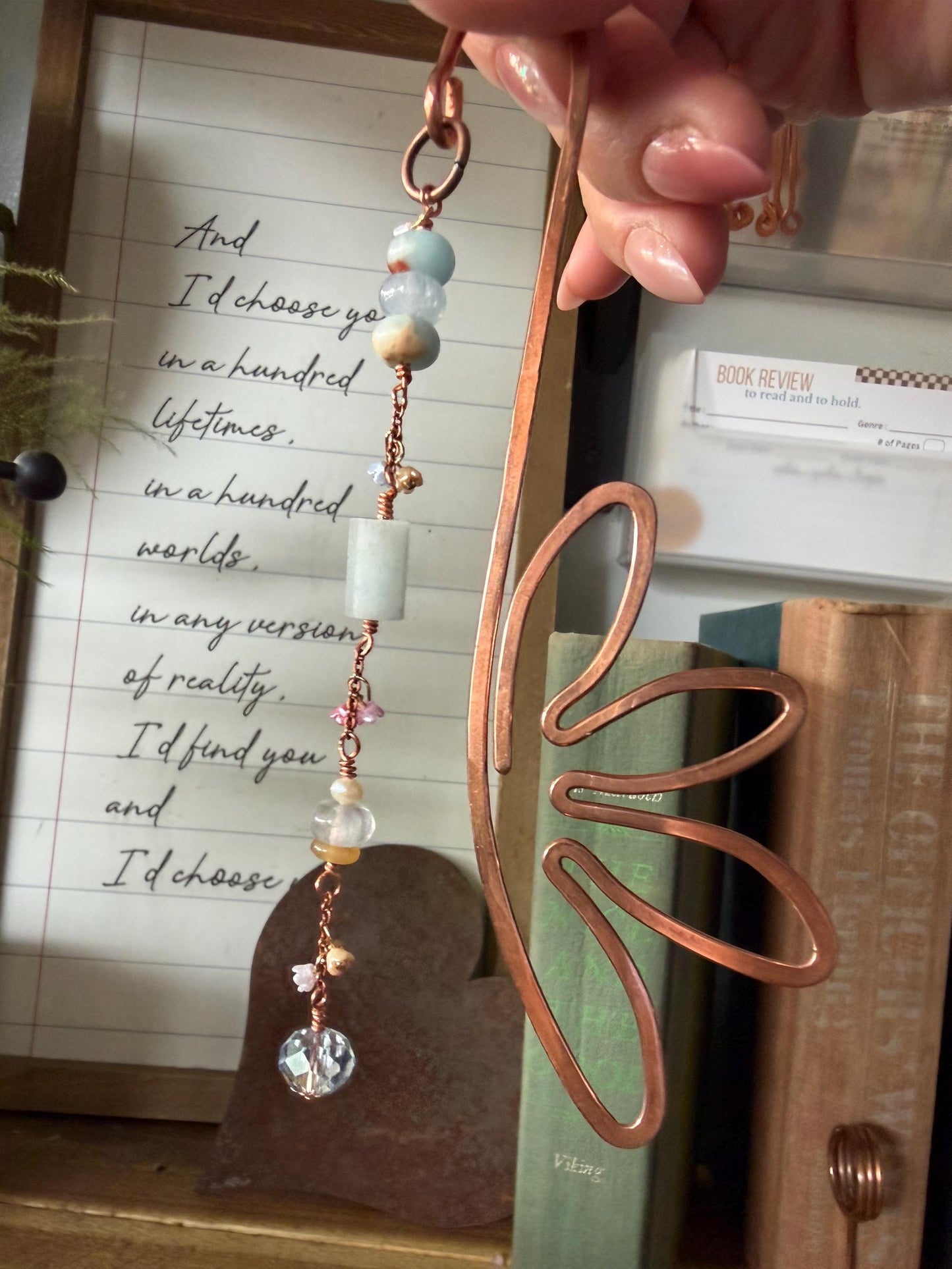 Flower Blues Bookmark: Handmade Copper Book Hook Bead Charms Florals Reader Bookish Gift for Women