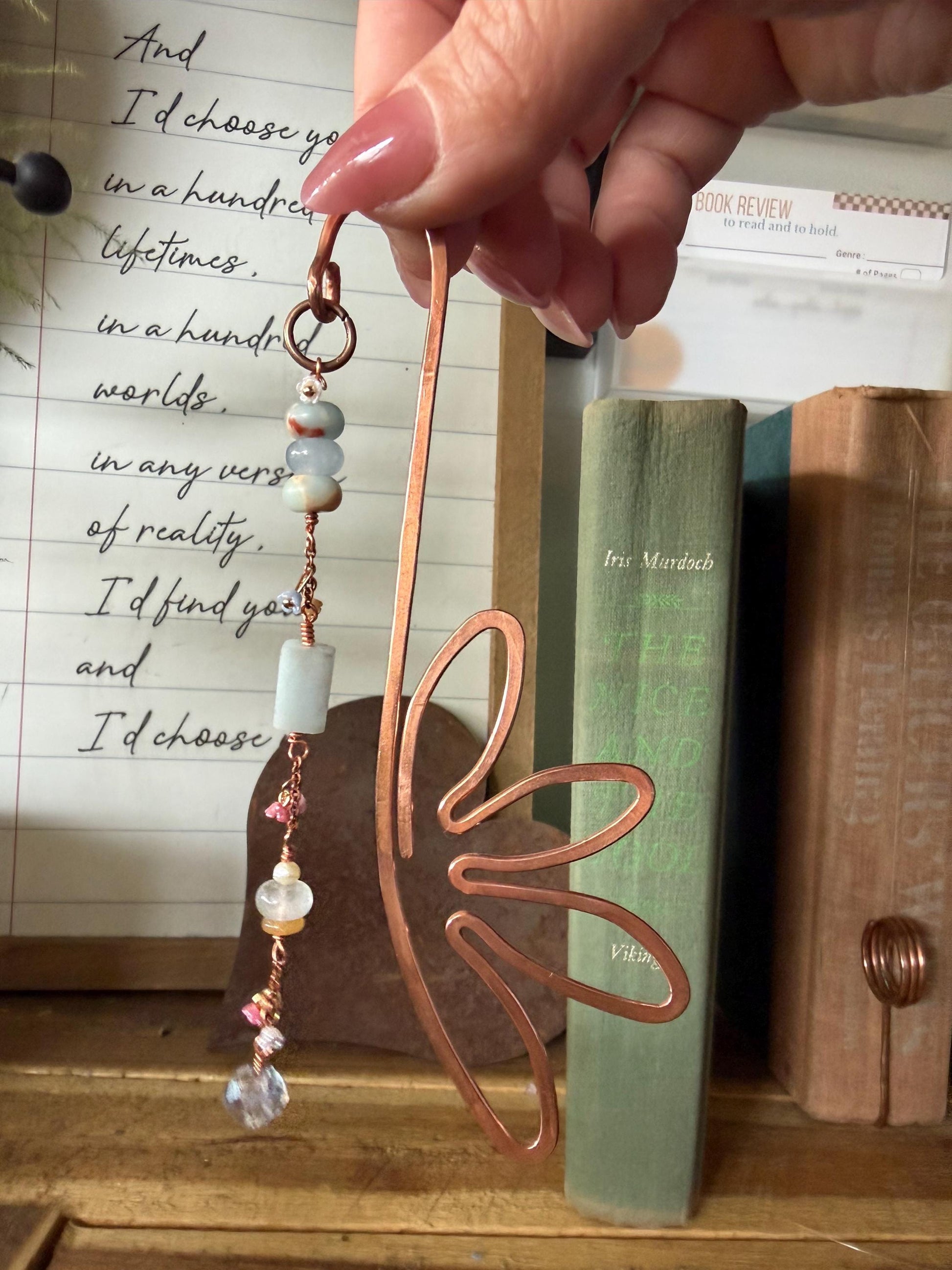 Flower Blues Bookmark: Handmade Copper Book Hook Bead Charms Florals Reader Bookish Gift for Women