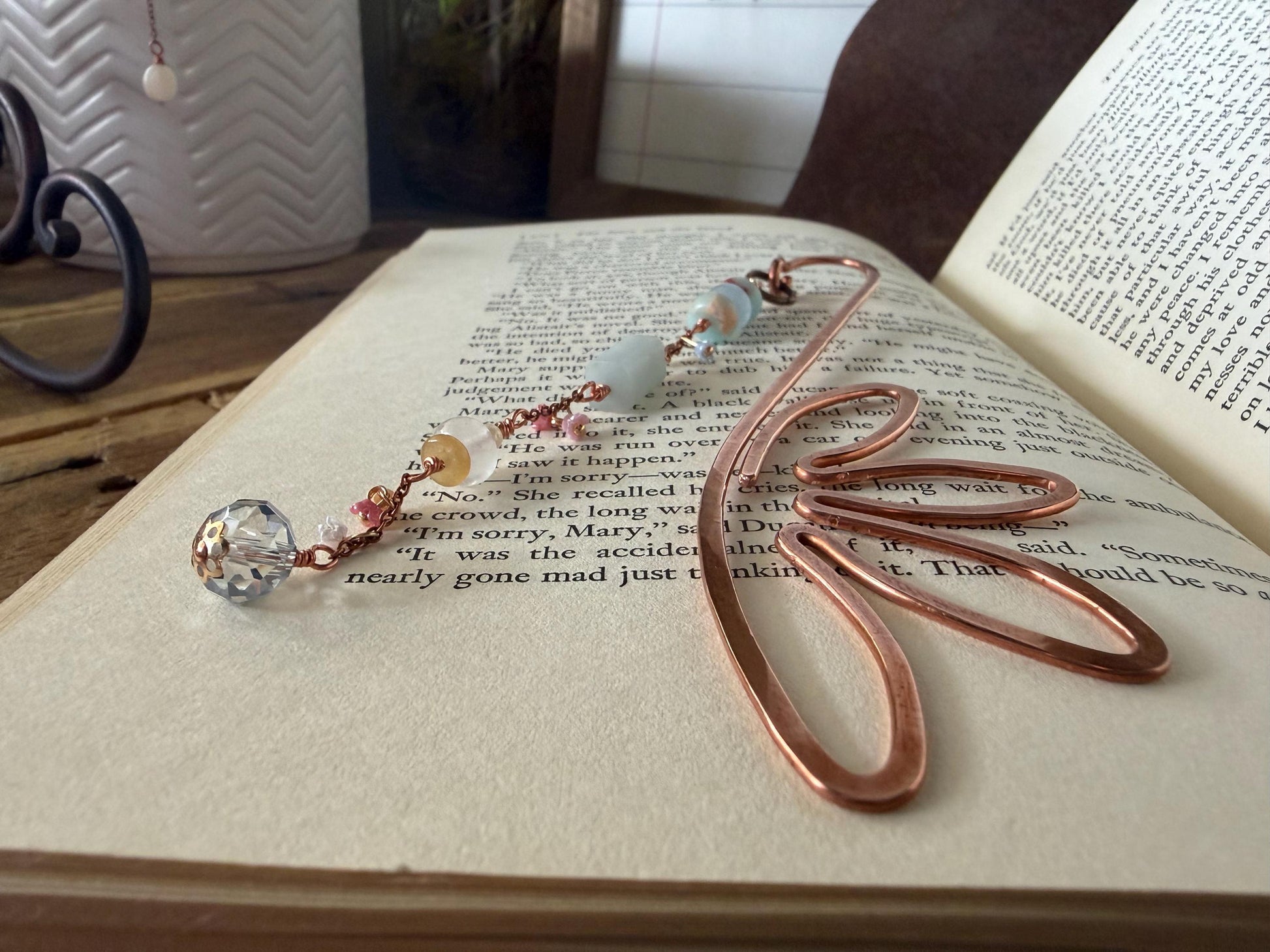 Flower Blues Bookmark: Handmade Copper Book Hook Bead Charms Florals Reader Bookish Gift for Women