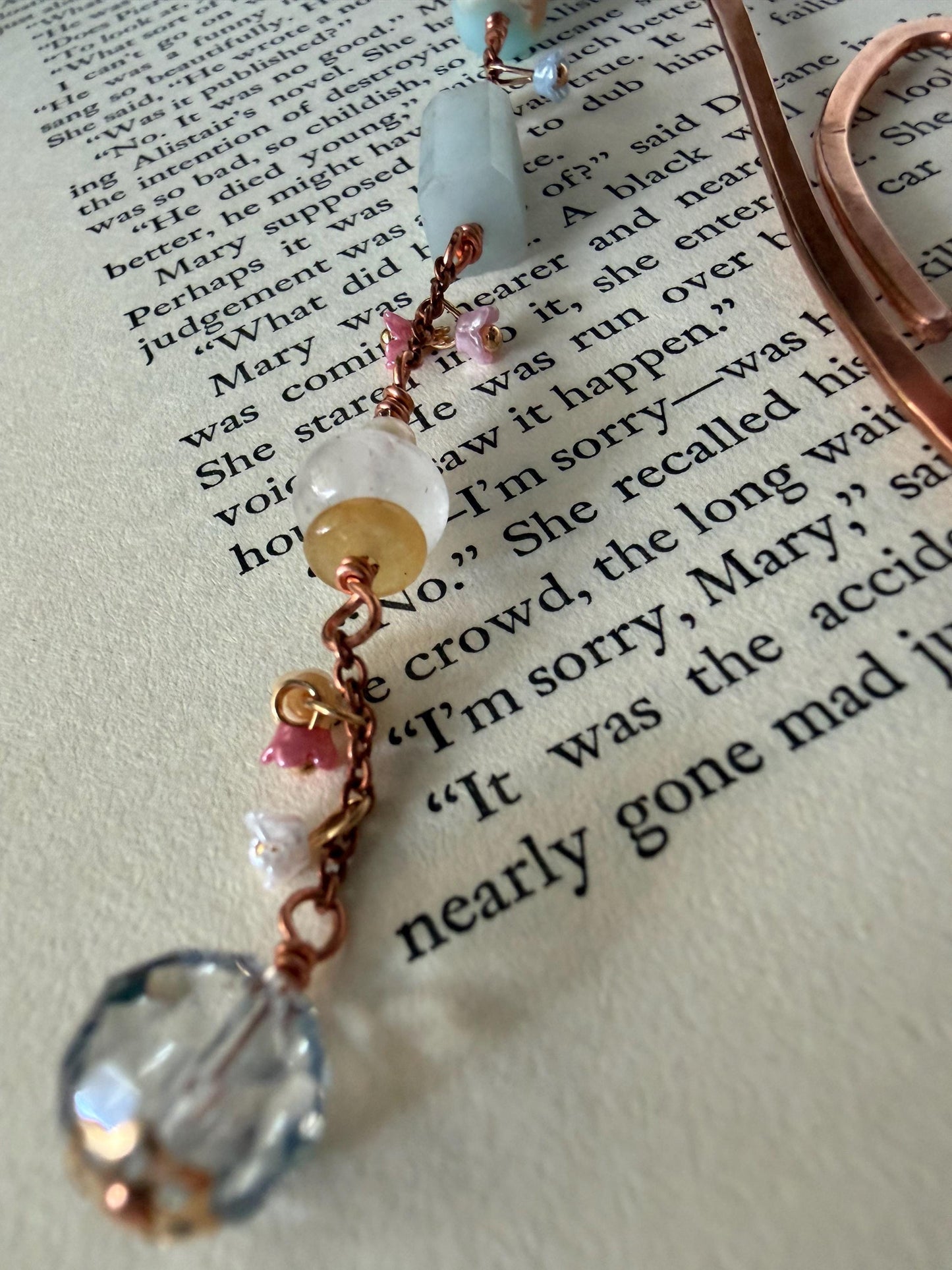 Flower Blues Bookmark: Handmade Copper Book Hook Bead Charms Florals Reader Bookish Gift for Women