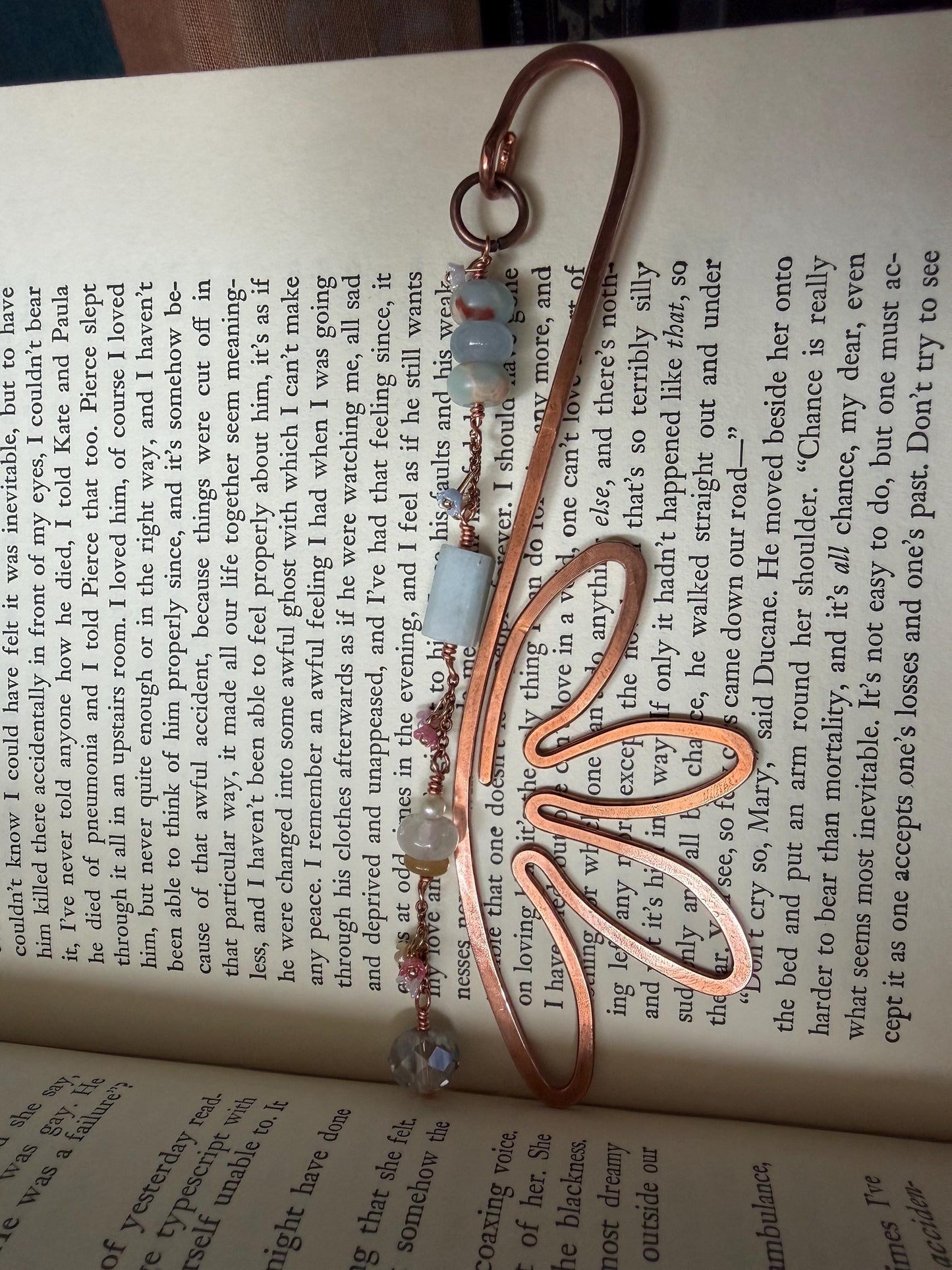 Flower Blues Bookmark: Handmade Copper Book Hook Bead Charms Florals Reader Bookish Gift for Women
