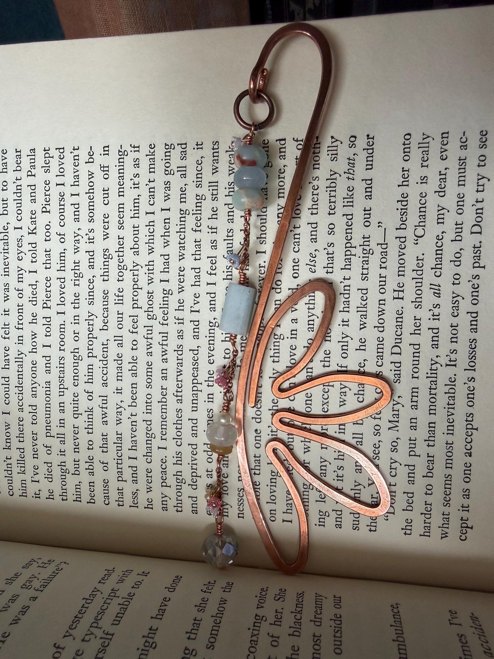 Flower Blues Bookmark: Handmade Copper Book Hook Bead Charms Florals Reader Bookish Gift for Women