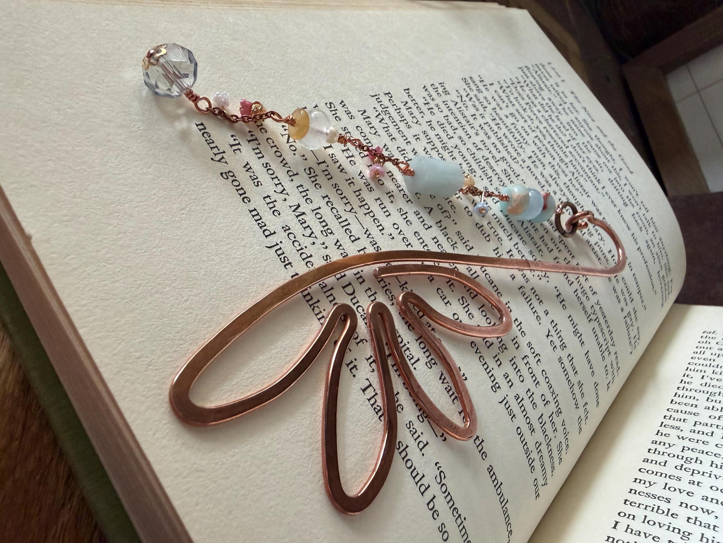 Flower Blues Bookmark: Handmade Copper Book Hook Bead Charms Florals Reader Bookish Gift for Women