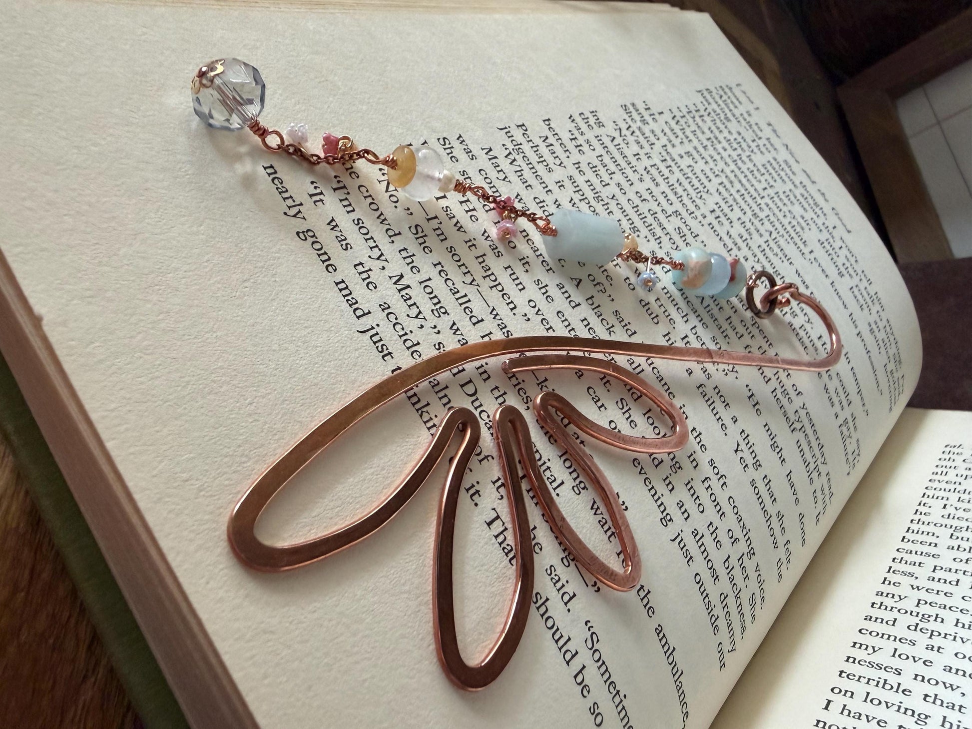 Flower Blues Bookmark: Handmade Copper Book Hook Bead Charms Florals Reader Bookish Gift for Women