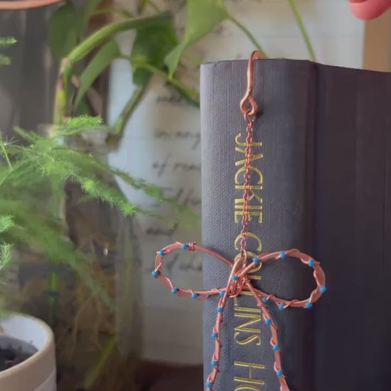 Classic Blue Bead Bow Book Mark Book Hook Handmade Copper Bookmark: Book Jewelry, Reader Bookish Gift, Book Club, 7 Year Anniversary Gift