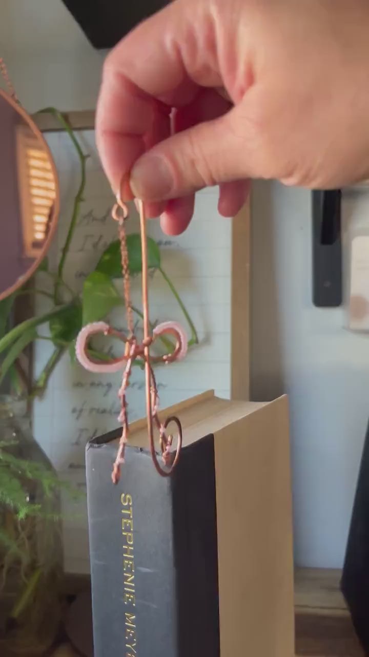 Classic Pink Bead Bow Book Mark Book Hook Handmade Copper Bookmark: Book Jewelry, Reader Bookish Gift, Book Club, 7 Year Anniversary Gift