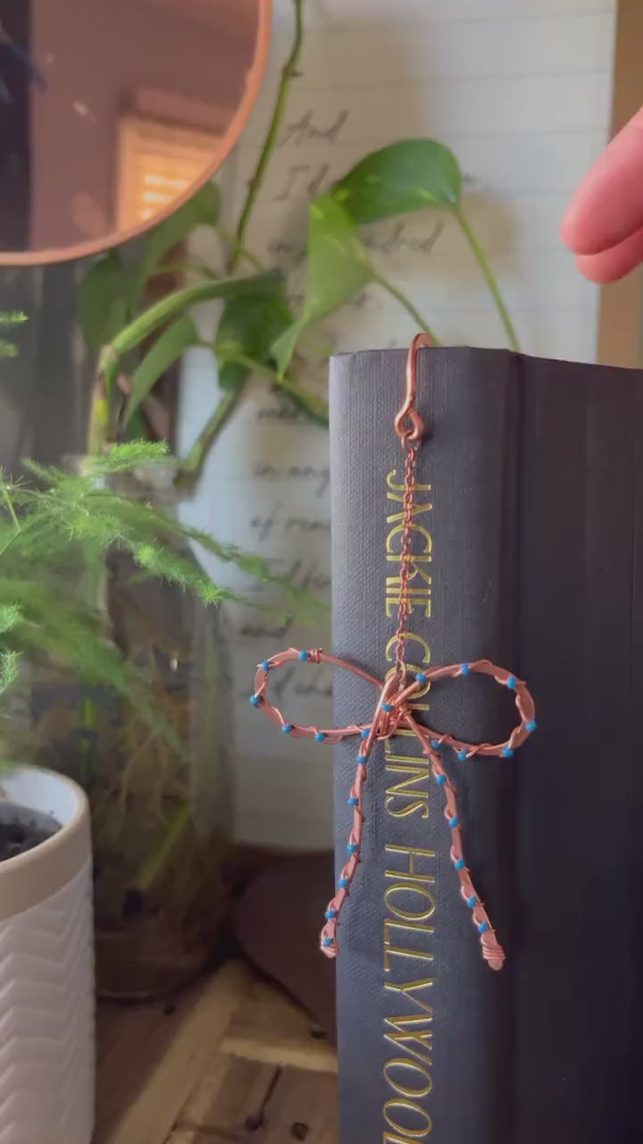 Classic Blue Bead Bow Book Mark Book Hook Handmade Copper Bookmark: Book Jewelry, Reader Bookish Gift, Book Club, 7 Year Anniversary Gift