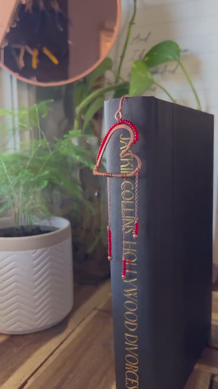 Red Bead Heart Book Mark Book Hook Handmade Copper Bookmark: Book Jewelry, Reader Bookish Gift, Book Club, 7 Year Anniversary Gift